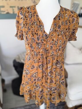 Smocked Floral Tunic Dress in Mustard